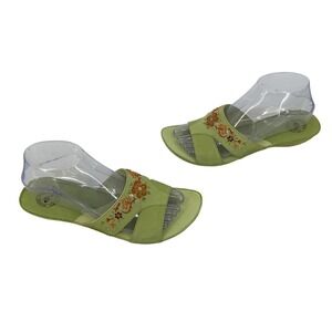 Nurture Marigold Lime Green Leather Floral Embroidered Wedge Slide Sandals 7.5M
